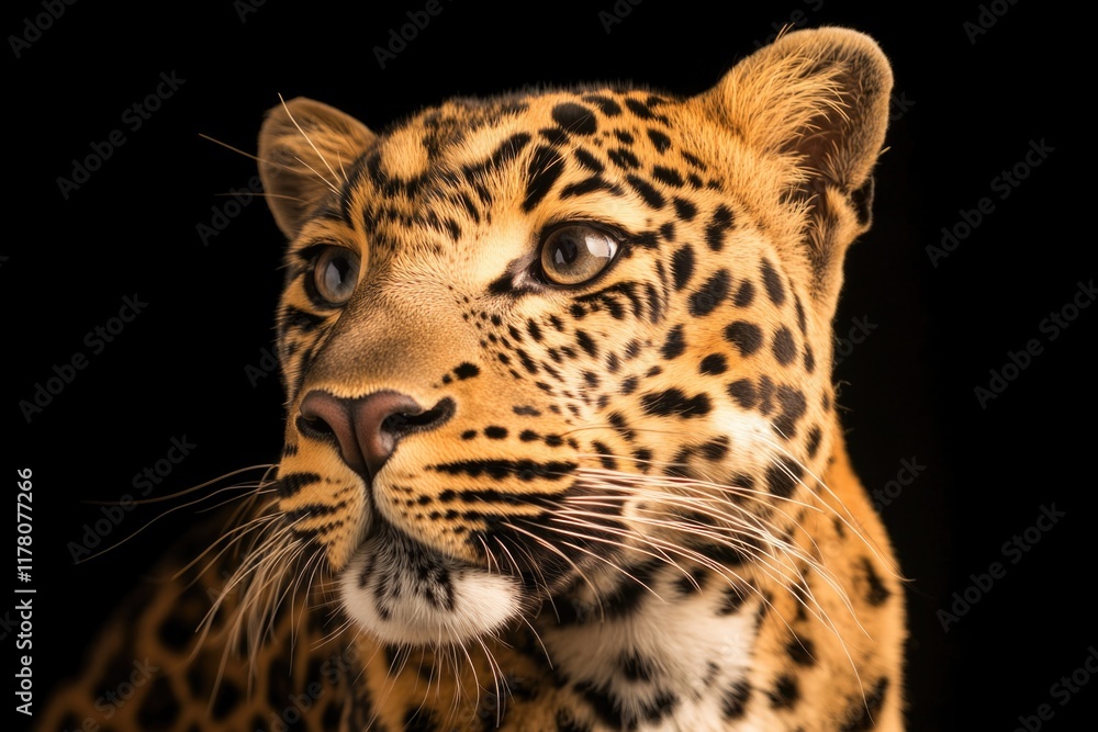 Obraz premium Close-up shot of a leopard's face with a black background, suitable for wildlife or nature-themed projects