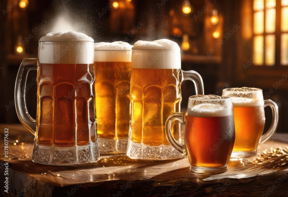immersive close irresistibly steaming beer frosted mugs capturing cool essence refreshing beverages, ale, amber, brown, bubbles, craft, cold, flavor, foam