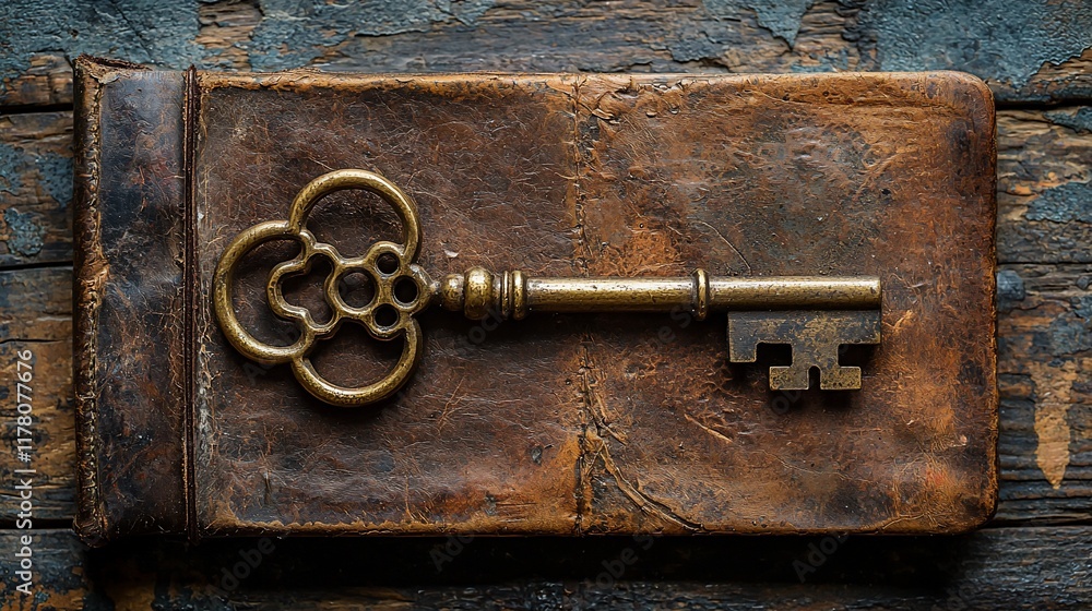Antique brass skeleton key on aged leather book. Antique brass skeleton key on aged leather book.