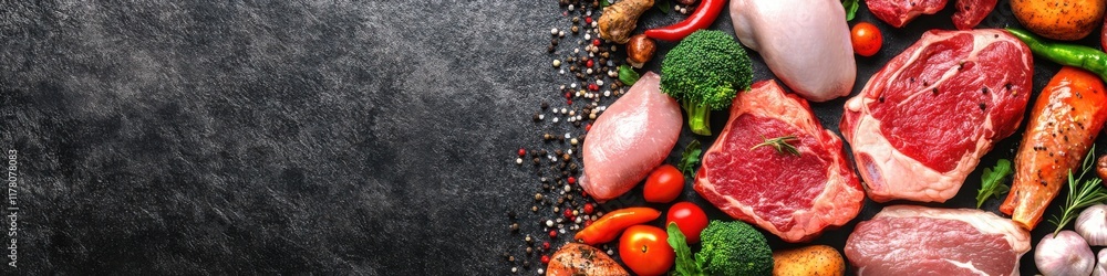 Fresh meat display of steak chicken and pork on a textured background with ample space