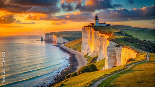 Seven Sisters Cliffs, Dramatic Coastal Landscape with Belle Tout Lighthouse, Bokeh Effect