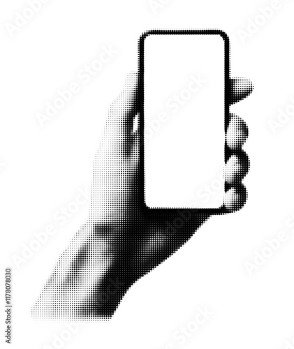 Halftone hand holding smartphone blank screen. Black and white dotted design phone in hand mobile technology minimal isolated digital concept