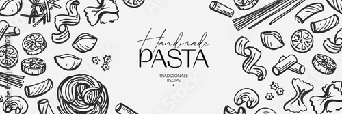 Traditional Italian pasta vector drawing. Free hand loose style sketch of various type of pasta. 