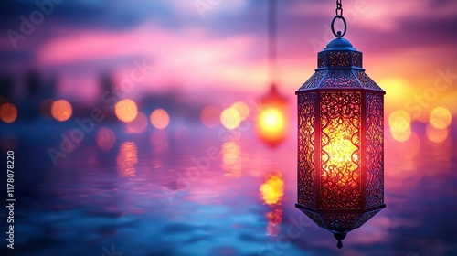 Wallpaper Mural Ornate lantern glowing at sunset over reflective water, cityscape background, festive decor. Torontodigital.ca