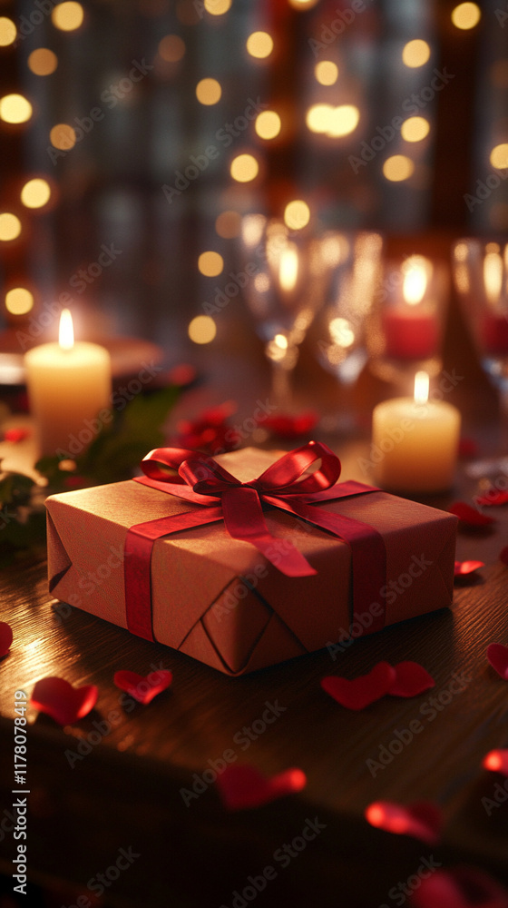 Gift box with red roses and candles in romantic setting.