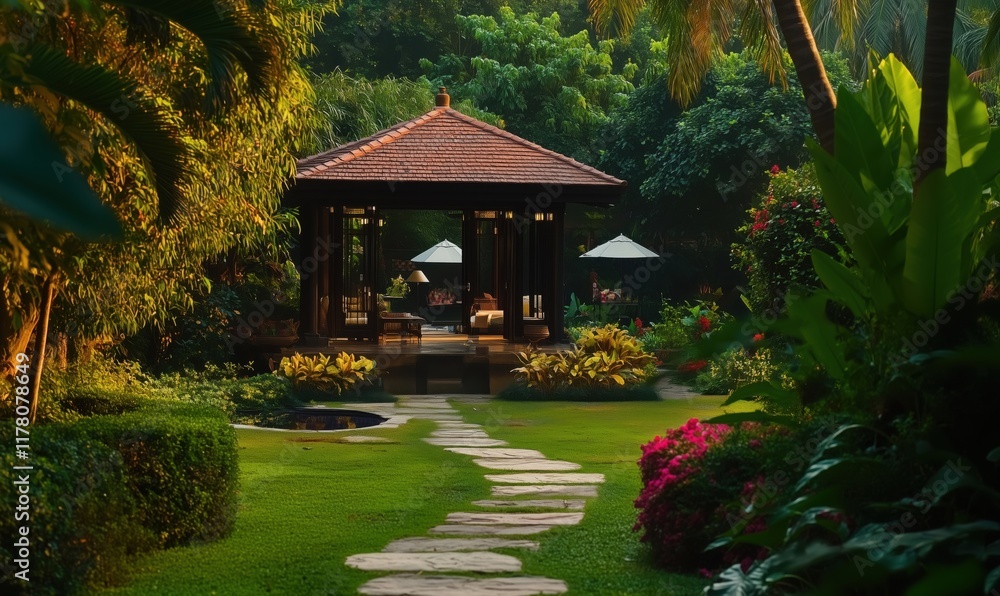 Serene Garden Pathway Leading to Tranquil Pavilion Surrounded by Lush Greenery and Vibrant Flowers Serene Garden Pathway Leading to Tranquil Pavilion Surrounded by Lush Greenery and Vibrant Flowers