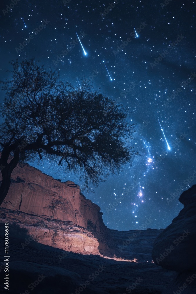 Stunning display of comets and meteors illuminating a night sky over rugged canyon landscapes Stunning display of comets and meteors illuminating a night sky over rugged canyon landscapes