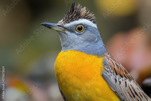 A small yellow and gray bird with a distinctive mohawk hairstyle on its head photo