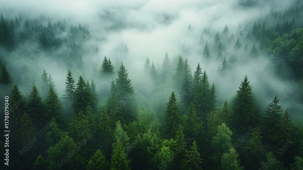 Misty Mountain Forest Aerial View Evergreen Trees Misty Mountain Forest Aerial View Evergreen Trees