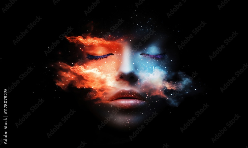 Cosmic Dreamscape: Ethereal Face Surrounded by Colorful Nebulae and Stars, Merging Elements of Fire and Ice Cosmic Dreamscape: Ethereal Face Surrounded by Colorful Nebulae and Stars, Merging Elements of Fire and Ice