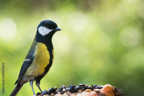 Great tit on a pumpkin with bokeh background