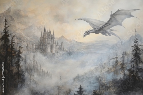 Majestic silver dragon soaring above a peaceful castle surrounded by misty forested hills at dawn photo