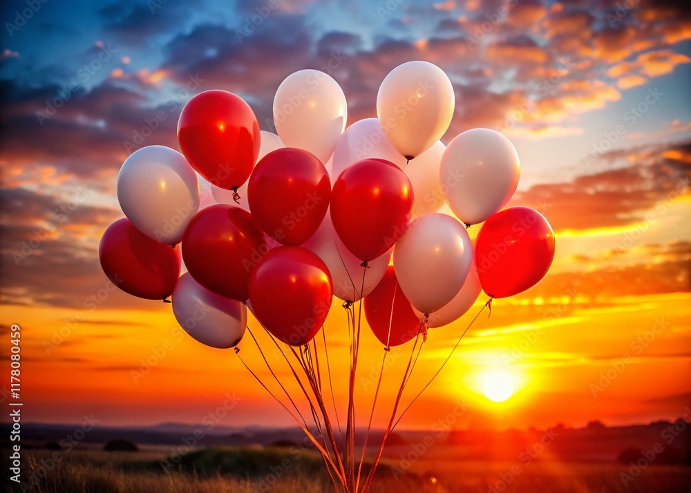 Silhouetted Red and White Balloons Floating Against Sunset Silhouetted Red and White Balloons Floating Against Sunset