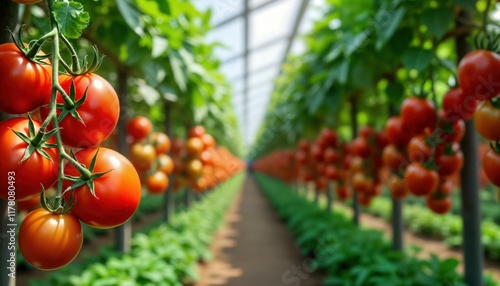 Wallpaper Mural Fresh ripe tomatoes hang from plants in greenhouse. Rows of tomato plants visible in neat arrangement. Close-up of tomatoes show rich red color, healthy growth. Ideal for websites, publications Torontodigital.ca
