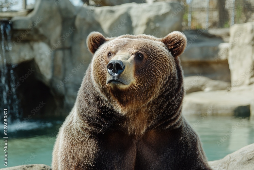Obraz premium A large brown bear sits atop a rock, looking out at the surroundings
