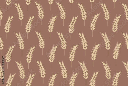 Seamless pattern of golden ripe ears of wheat. Agricultural symbol, flour production. Bread wrapping paper. Mocha mousse background
