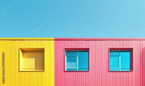 Vibrant Colorful Facade of Modern Building with Yellow and Pink Panels and Blue Windows Under Clear Sky