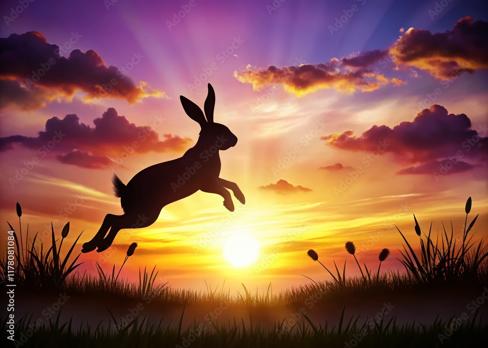 Silhouette Easter Bunny Hopping at Sunset Silhouette Easter Bunny Hopping at Sunset