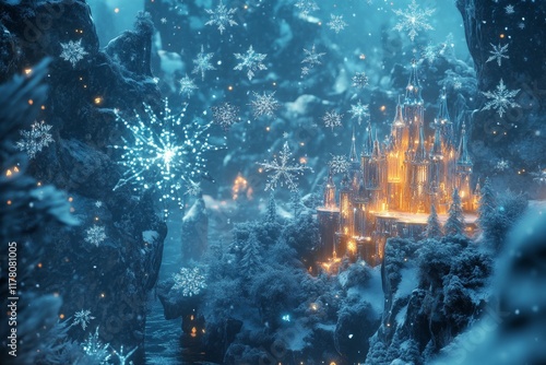 Magical winter wonderland with detailed snowflakes and a glowing ice palace in a snowy dreamscape photo