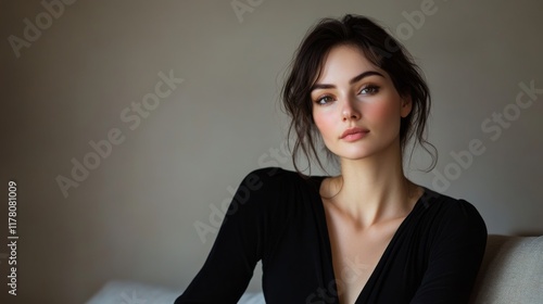 A woman in a black top sits in a dimly lit room, gazing thoughtfully with a soft expression