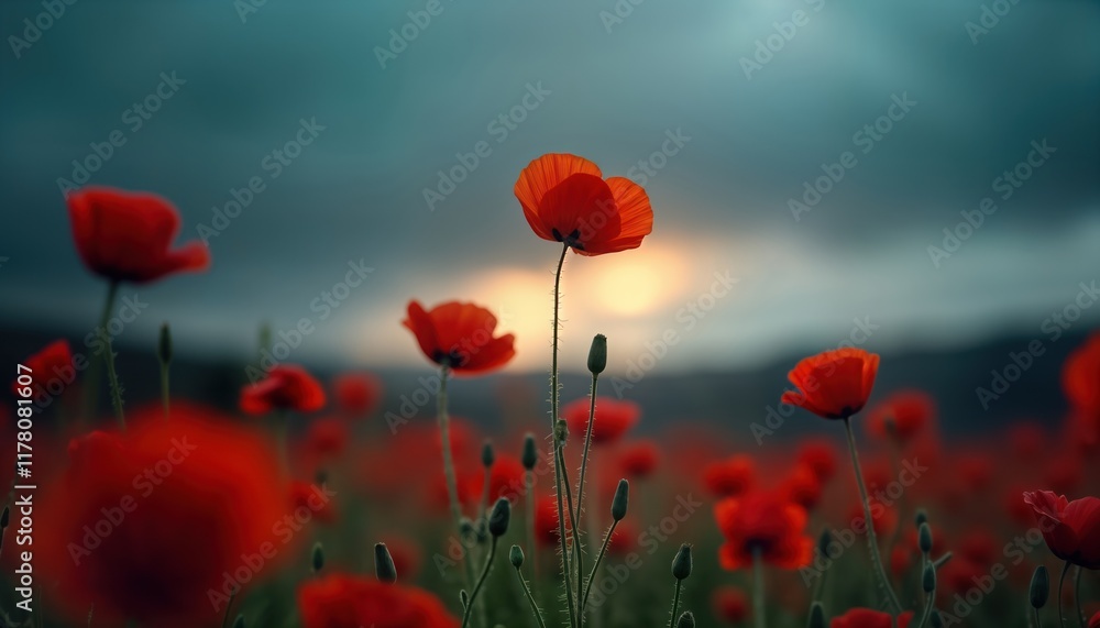Obraz premium Red poppies stand tall in field under somber cloudy sky. Scene evokes remembrance, honour. Visual peace, respect in nature. Dark sky adds to solemn atmosphere. Beautiful flowers in field. Dramatic