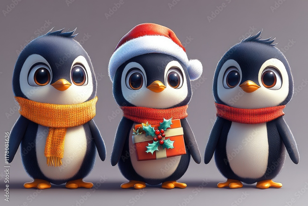 Fototapeta premium Three penguins dressed up in winter attire, perfect for cold weather or holiday scenes