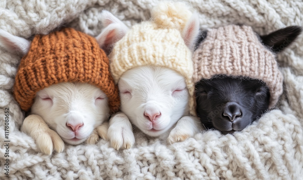 Adorable baby goats sleeping peacefully in cozy knitted hats, snuggled in soft blanket, showcasing warmth and cuteness Adorable baby goats sleeping peacefully in cozy knitted hats, snuggled in soft blanket, showcasing warmth and cuteness