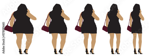 Conceptual fat overweight obese female vs slim fit healthy body after weight loss or diet on white background banner. A  fitness, nutrition or obesity, health shape illustration vector as silhouettes