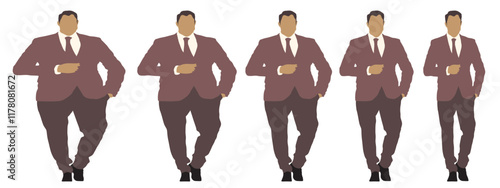 Conceptual fat overweight obese man vs slim fit healthy body after weight loss or diet, white background banner. A  fitness, nutrition or obesity, health care shape illustration vector as silhouettes