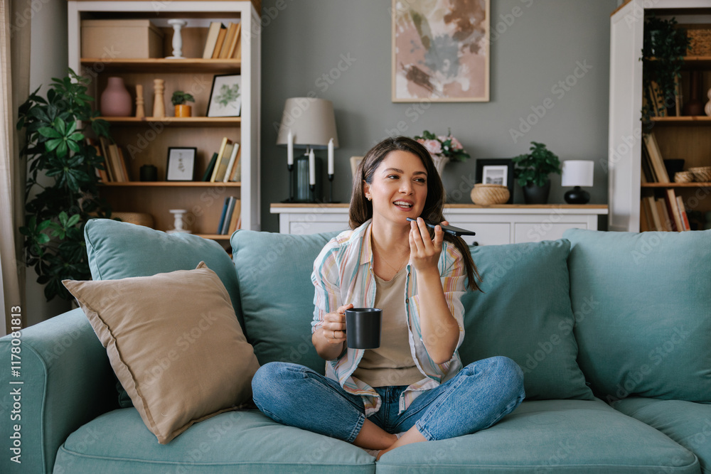 Woman Relaxing on Sofa with Coffee and Smartphone at Home Woman Relaxing on Sofa with Coffee and Smartphone at Home