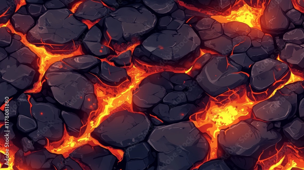 Textures of dragon skin and lava with stones for game background. Vector cartoon seamless patterns of top view of land with hot liquid magma and red scale of reptile or monster Textures of dragon skin and lava with stones for game background. Vector cartoon seamless patterns of top view of land with hot liquid magma and red scale of reptile or monster
