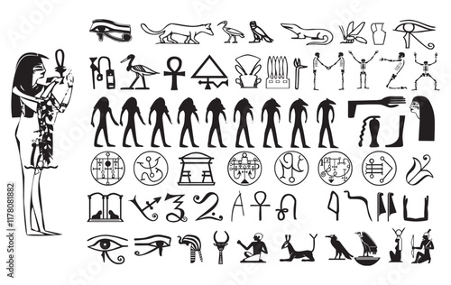 Ancient Glyphs: A captivating monochrome illustration showcases a vast array of ancient Egyptian hieroglyphs, symbolizing communication and the rich cultural heritage of a bygone era. 