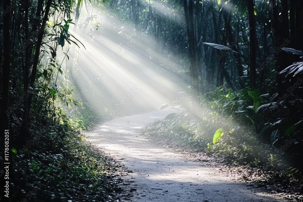 Obraz premium A dirt road surrounded by trees in a dense forest