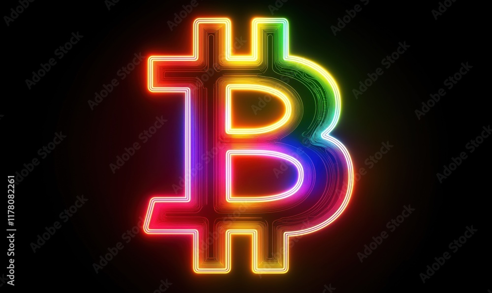 Vibrant Neon Bitcoin Logo Illuminated in Rainbow Colors Against Dark Background, Symbolizing Cryptocurrency and Digital Finance Vibrant Neon Bitcoin Logo Illuminated in Rainbow Colors Against Dark Background, Symbolizing Cryptocurrency and Digital Finance