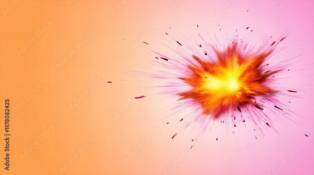Fiery explosion on a soft pink and orange background. Dynamic energy and vibrant colors. Fiery explosion on a soft pink and orange background. Dynamic energy and vibrant colors.