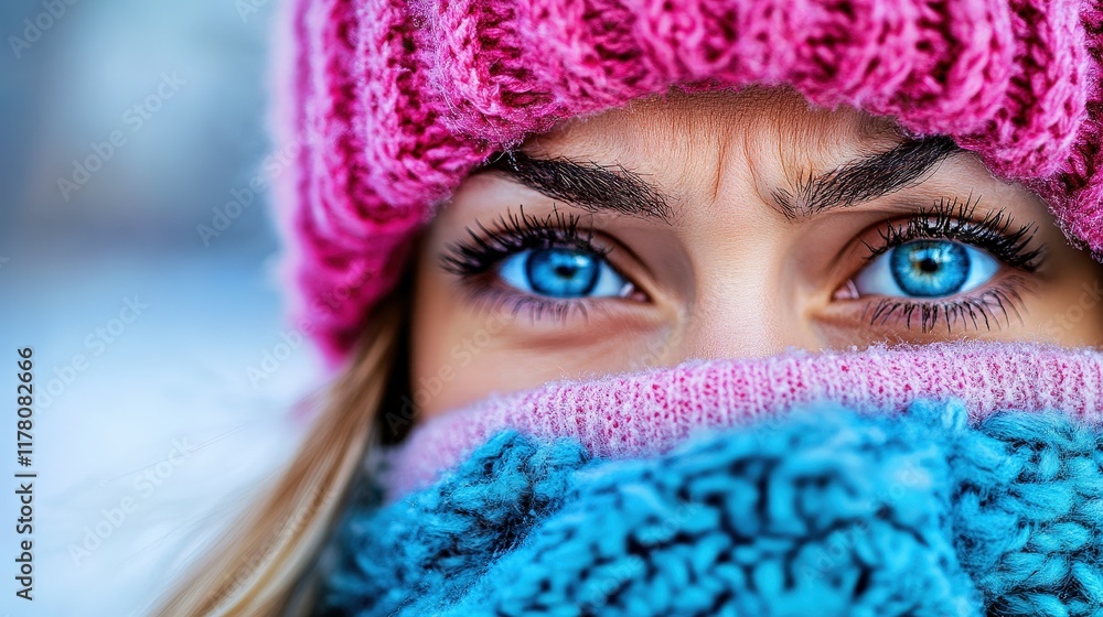 The captivating close-up portrays a woman in a warm hat and scarf, highlighting her striking blue eyes and the emotion behind them as she braves the cold winter air outside. The captivating close-up portrays a woman in a warm hat and scarf, highlighting her striking blue eyes and the emotion behind them as she braves the cold winter air outside.