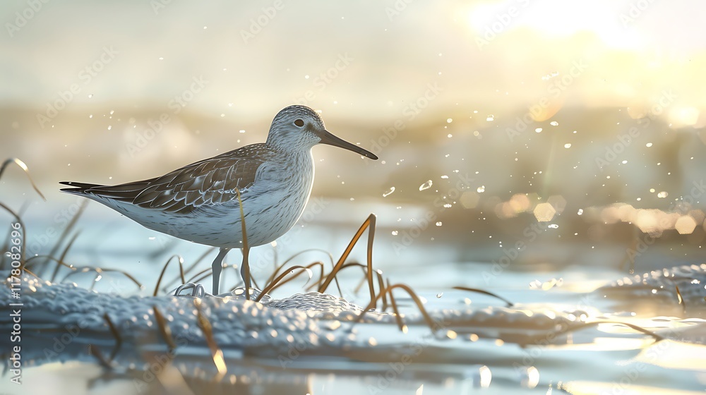 A Sandpiper bird with sleek, silver-gray feathers, blending perfectly with the wet sand as it searches for food. A Sandpiper bird with sleek, silver-gray feathers, blending perfectly with the wet sand as it searches for food.