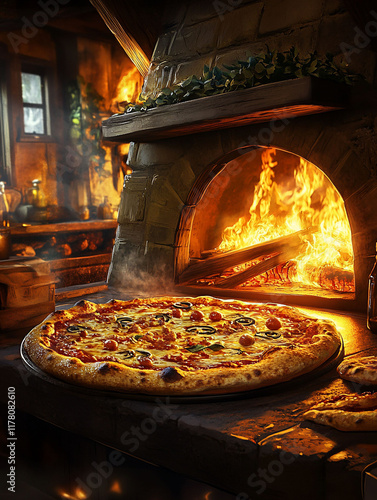 Rustic wood-fired pizza oven with freshly baked pizza.