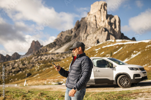 traveler at the Giau Pass of the Dolomites, Italy photo