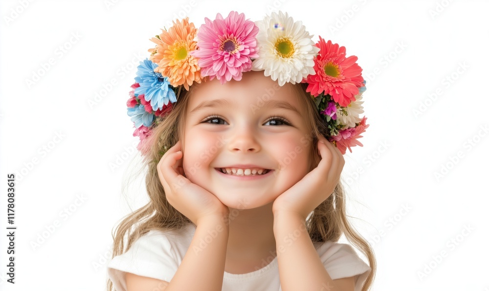 Smiling girl with flower crown, joyful expression, bright colors, innocence, childhood, floral headband, natural beauty, happiness, portrait photography Smiling girl with flower crown, joyful expression, bright colors, innocence, childhood, floral headband, natural beauty, happiness, portrait photography