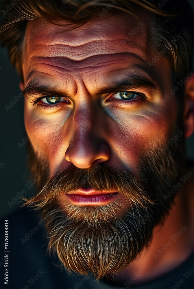 Intense Portrait of a Bearded Man with Striking Blue Eyes in Dramatic Lighting Intense Portrait of a Bearded Man with Striking Blue Eyes in Dramatic Lighting