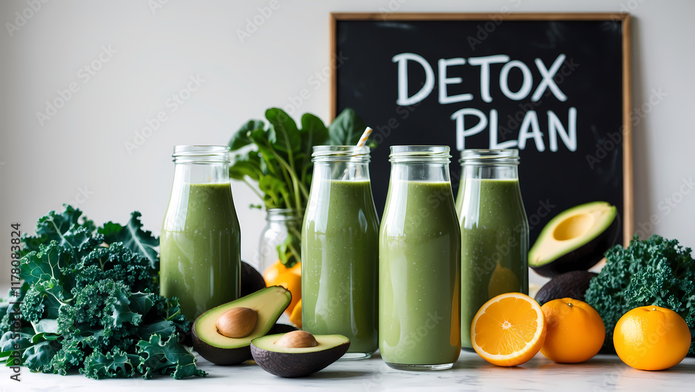 Fresh detox scene with smoothies, citrus fruits, greens, and avocado, paired with a minimalist Fresh detox scene with smoothies, citrus fruits, greens, and avocado, paired with a minimalist