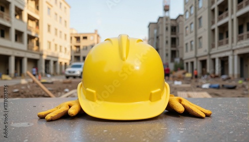 Bright yellow hard hat and gloves in urban construction area, safety focus photo