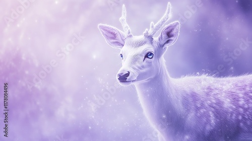 White deer with antlers in snowy, purple-hued forest. photo