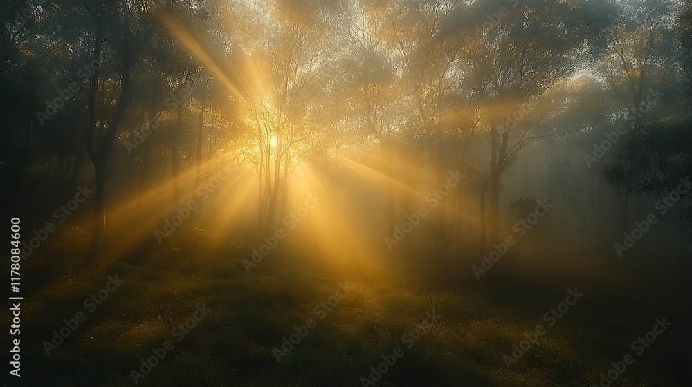 Obraz premium Golden Sunrise Rays Illuminate Foggy Forest Floor