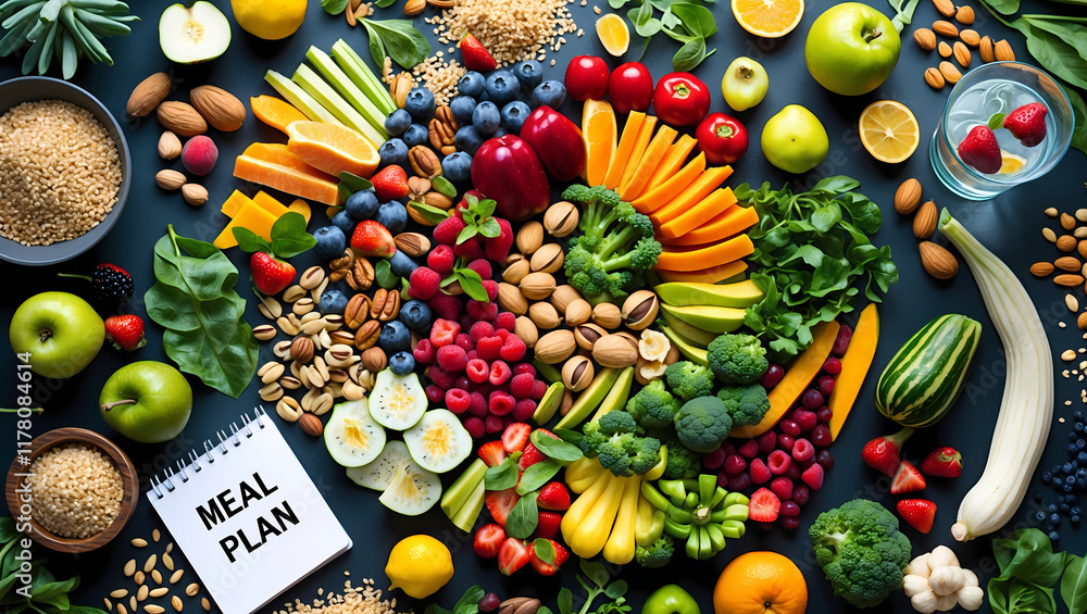 A colorful spiral of fruits, vegetables, nuts, and grains, with a A colorful spiral of fruits, vegetables, nuts, and grains, with a