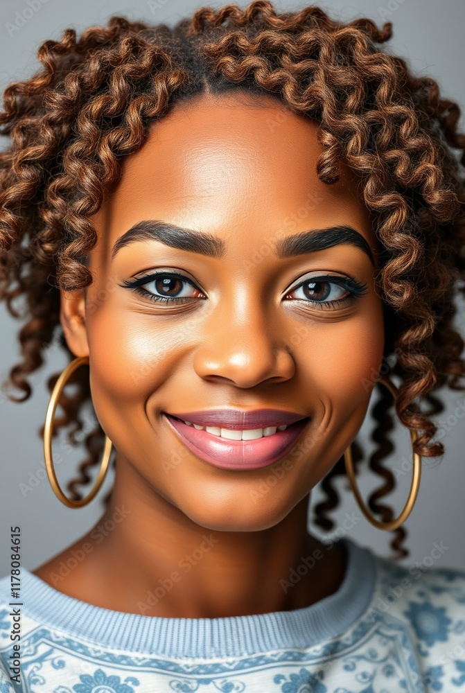 Portrait of a Smiling Young Woman with Naturally Curly Hair and Bold Hoop Earrings Portrait of a Smiling Young Woman with Naturally Curly Hair and Bold Hoop Earrings