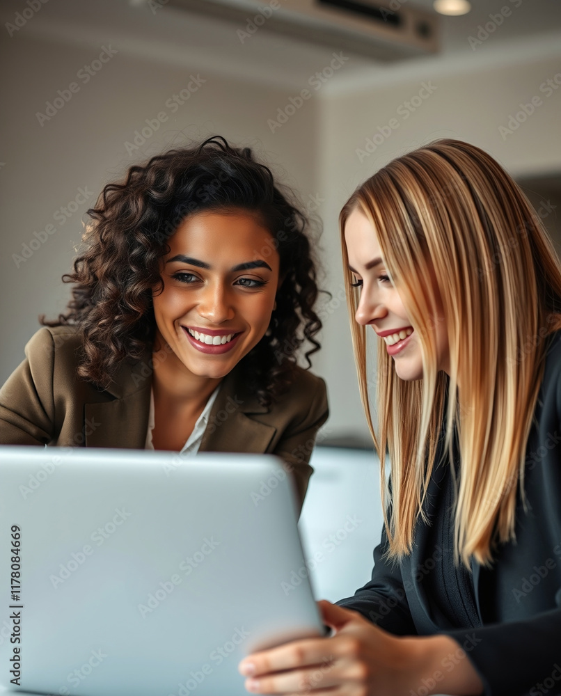 Two Professional Women Collaborating Over a Laptop in a Modern Office Setting Two Professional Women Collaborating Over a Laptop in a Modern Office Setting