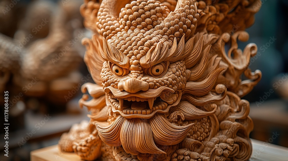 Fototapeta premium Intricate Wooden Carving Of A Mythical Dragon