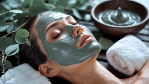 Spa serenity as a detox clay mask is applied, with eucalyptus leaves, warm towels, and a bowl of natural clay nearby. photo